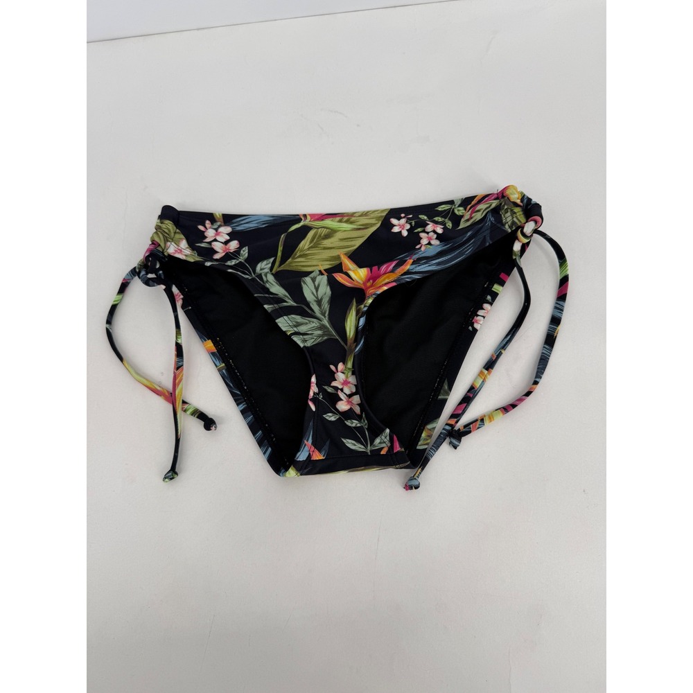 Kona Sol Womens Black Tropical Floral Side Tie Bikini Bottoms Sz S Small